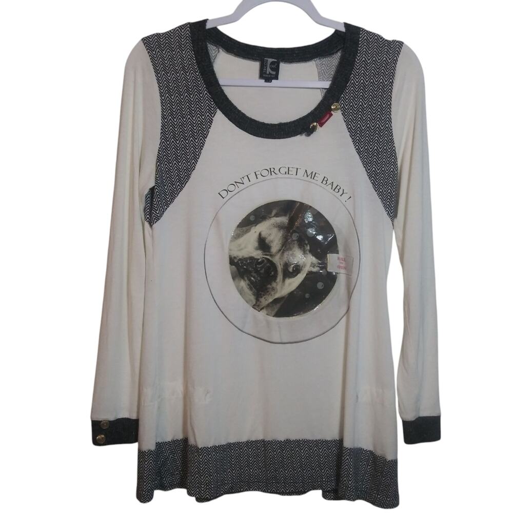 Tricot Chic Knit Cream and Black Long Sleeve Graphic Top Odd Art Luxury Size 10